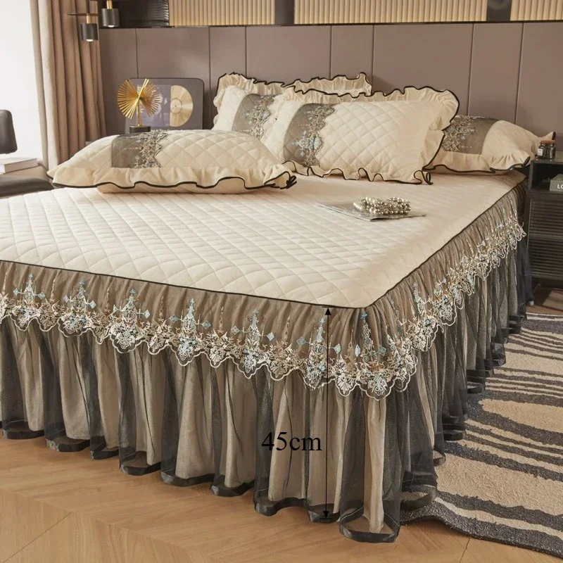 Thick Cotton Bed Skirt in Autumn Winter Three Piece Set of Decorative Dust-proof Anti Slip Pads Princess Style Lace Beds Sheet