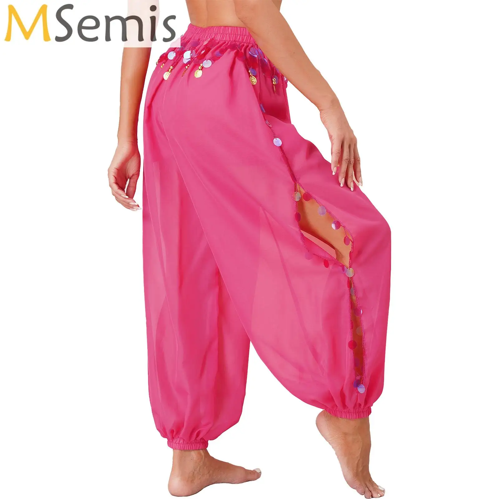

Women Belly Dance Harem Pants Halloween Carnival Costume Side Split Sequins Trousers Tribal Arabic Dance Performance Loose Pants