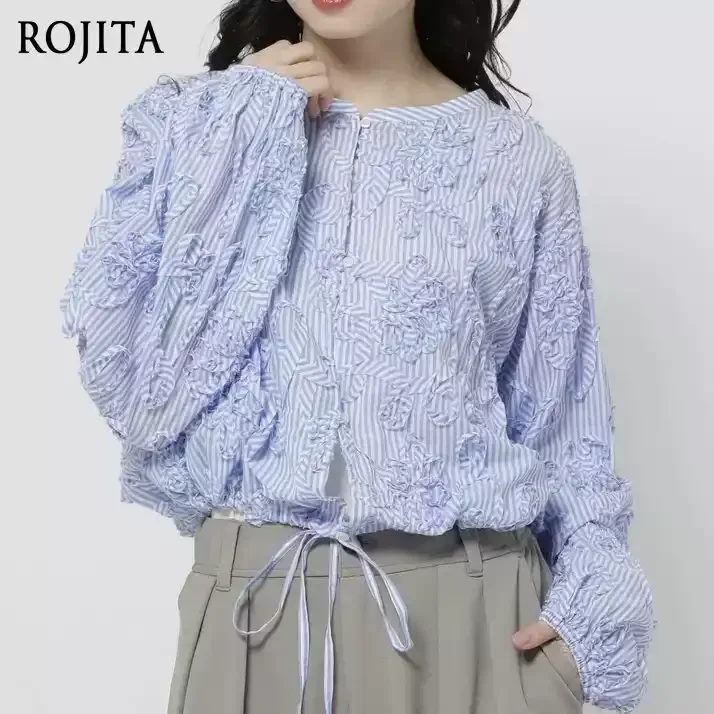 

Japanese Loose Round Neck Long Sleeved Shirt 2026 New Sweet Three Dimensional Jacquard Drawstring Short Shirt Top Women