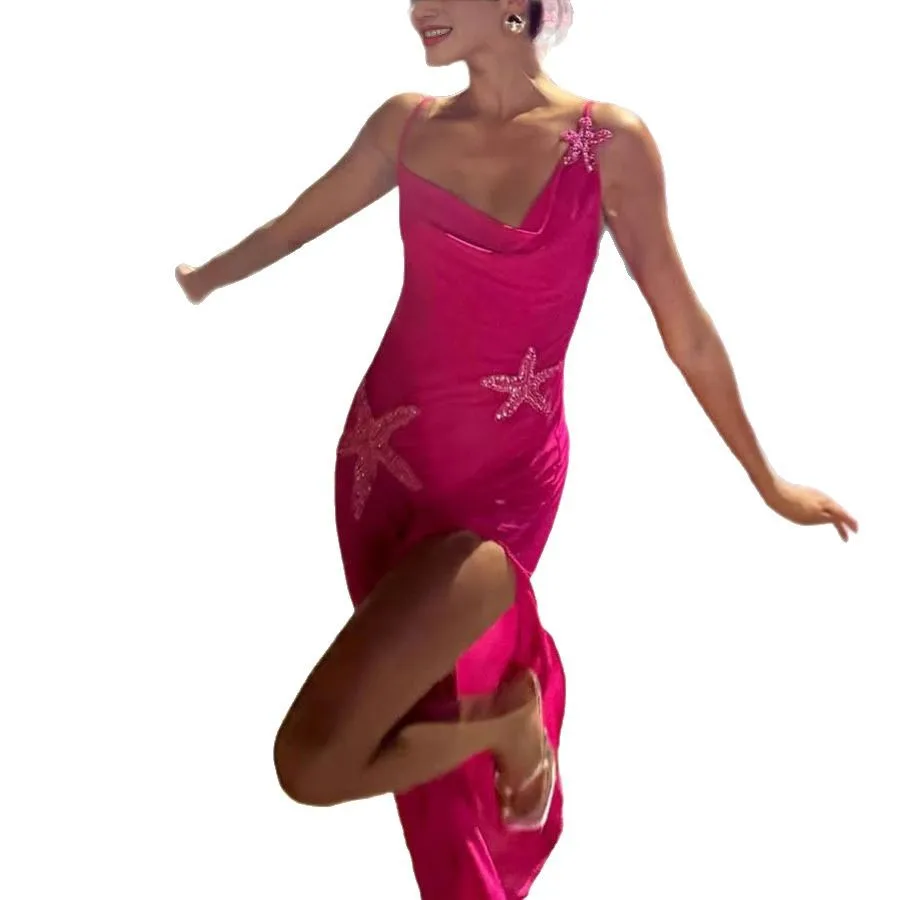 Sexy Satin Dress with Cowl Neck Star Decoration Slit Tie Back Dresses Spring Summer