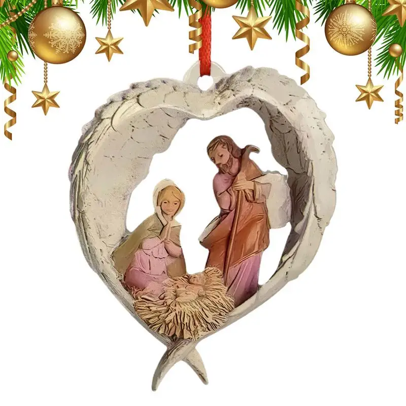 

Nativity Scene Hang Ornament Heart Nativity Scene Christmas Tree Ornament Durable Nativity Scene Angel Wings Christmas