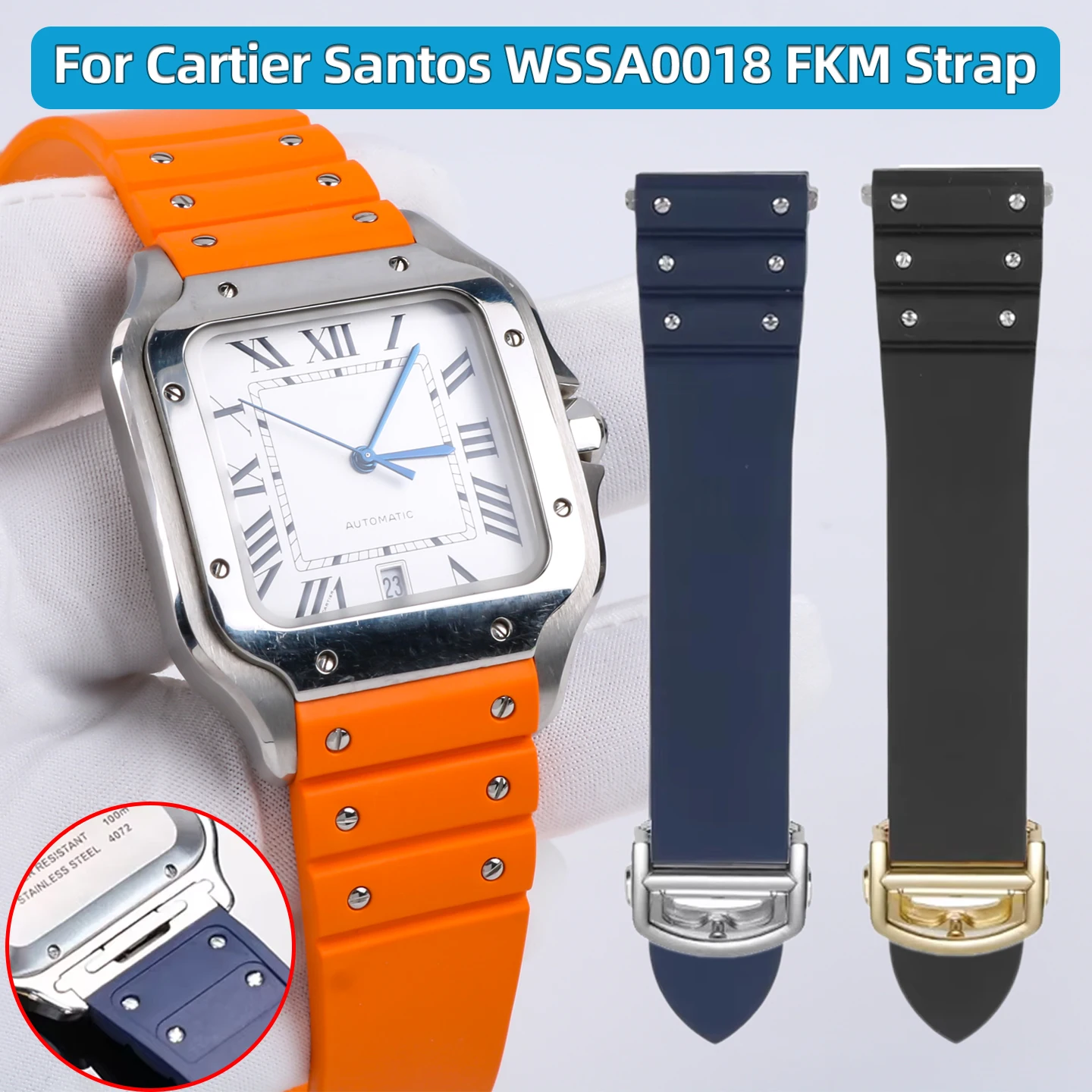 For Santos Cartier WSSA0009 WSSA0018 19mm 21mm Quick Release Fluororubber Watch Strap Men Sports FKM Watchband Folding Buckle