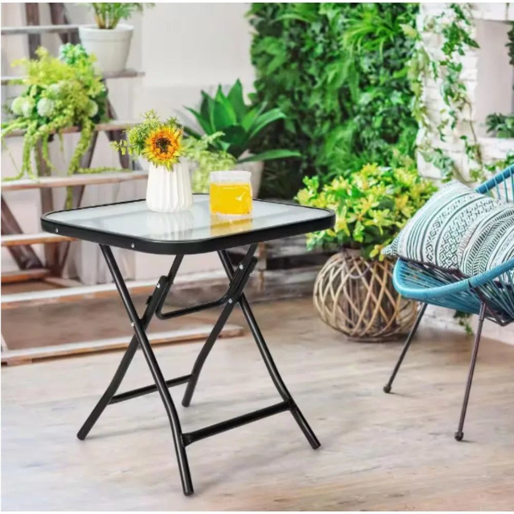 

Black Square Metal Folding Glass Side Table Outdoor Bistro Table， offers enough space to keep your daily items within reach