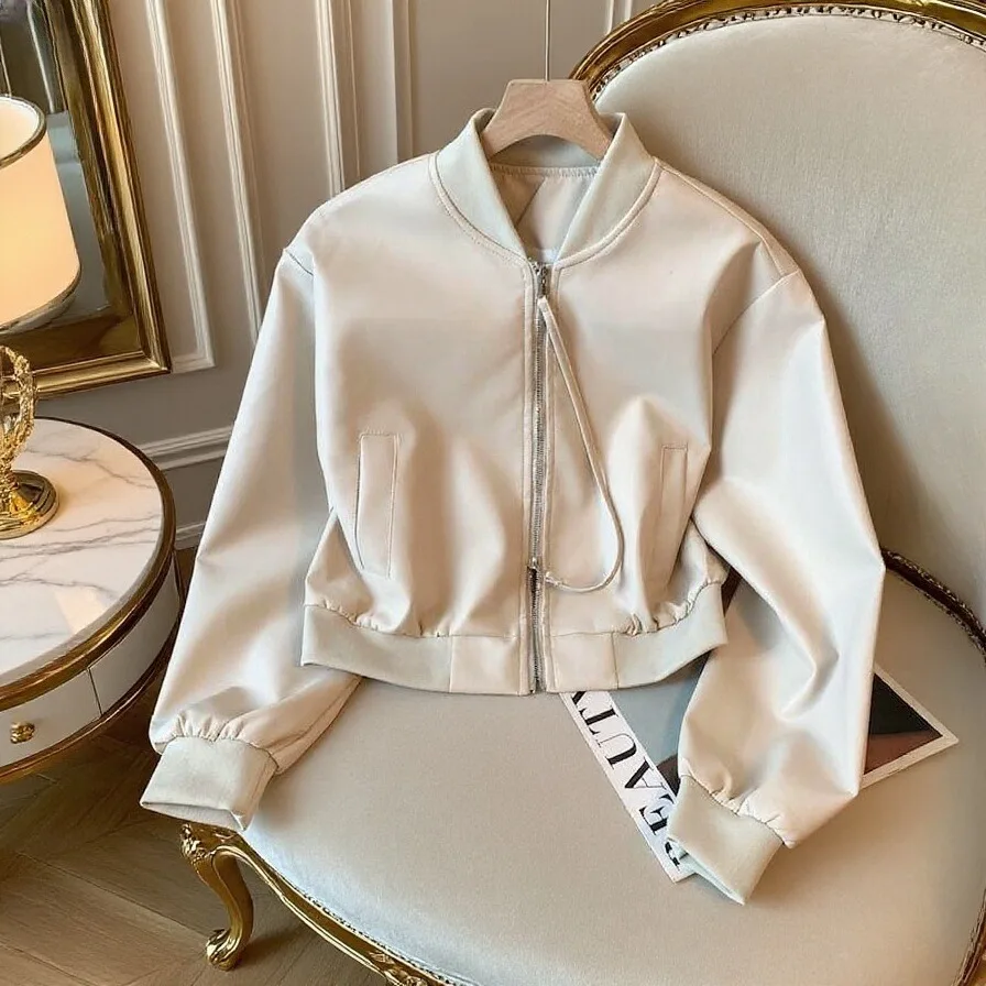 معطف American Sle Baseball Jaet للسيدات للخريف والشتاء كاجوال مستدير Ne فضفاض للتخسيس معطف جلدي متعدد الاستخدامات