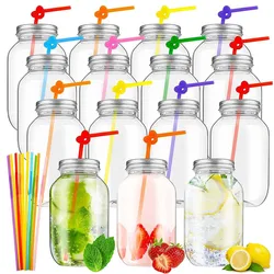 12 Packs 16/33 oz 500/1000ml Plastic Mason Jars with Lids and Straws Refillable Plastic Juice Drinking Jars Bottles for Party