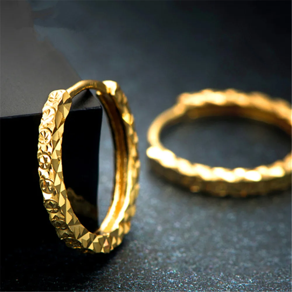 Pure Au750 18K Yellow Gold Women Lucky Craved Many Star Circle Earrings Hoop 1.3g