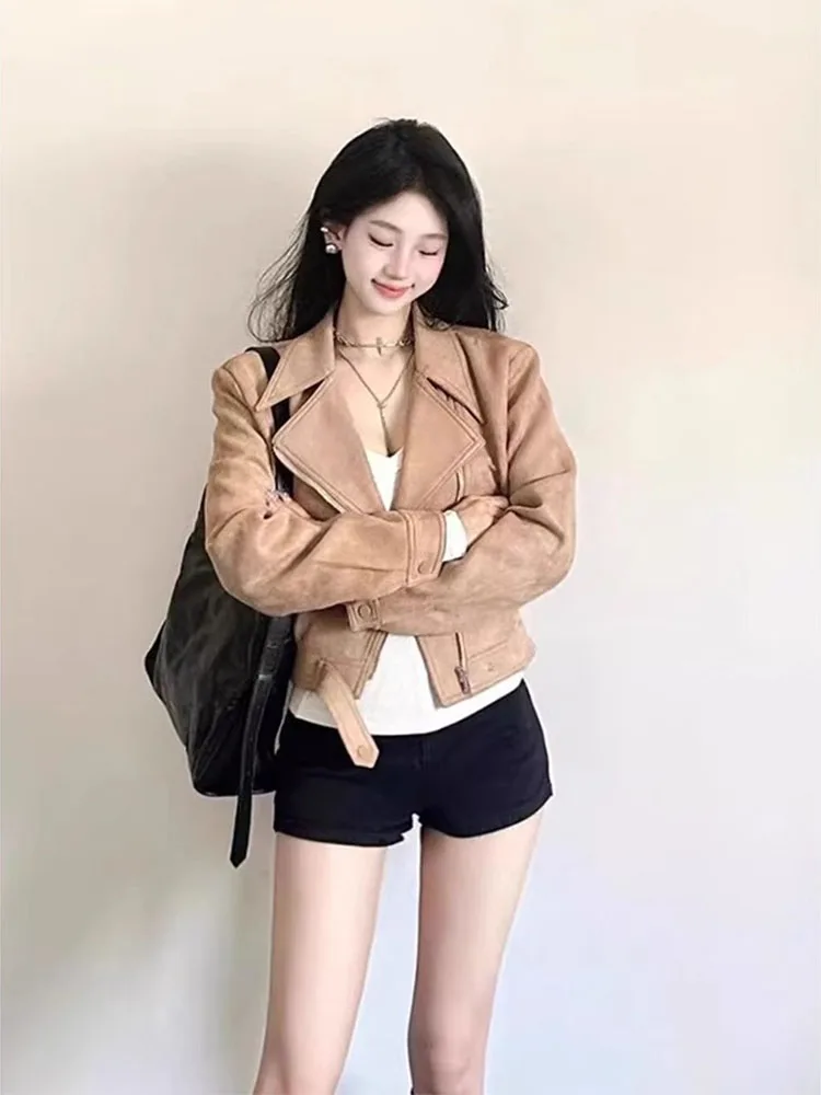 Browan Suede Jaet mujer ort Sle diseño Retro americano otoño nueva Faion motocicleta Jaet Top Casual viaje viento