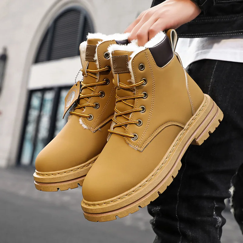 

LiveDay Winter Men's High-Top Cotton Boots Trendy Velvet Warm Outdoor Comfortable Snow Boots British Style Tooling Botas Hombre