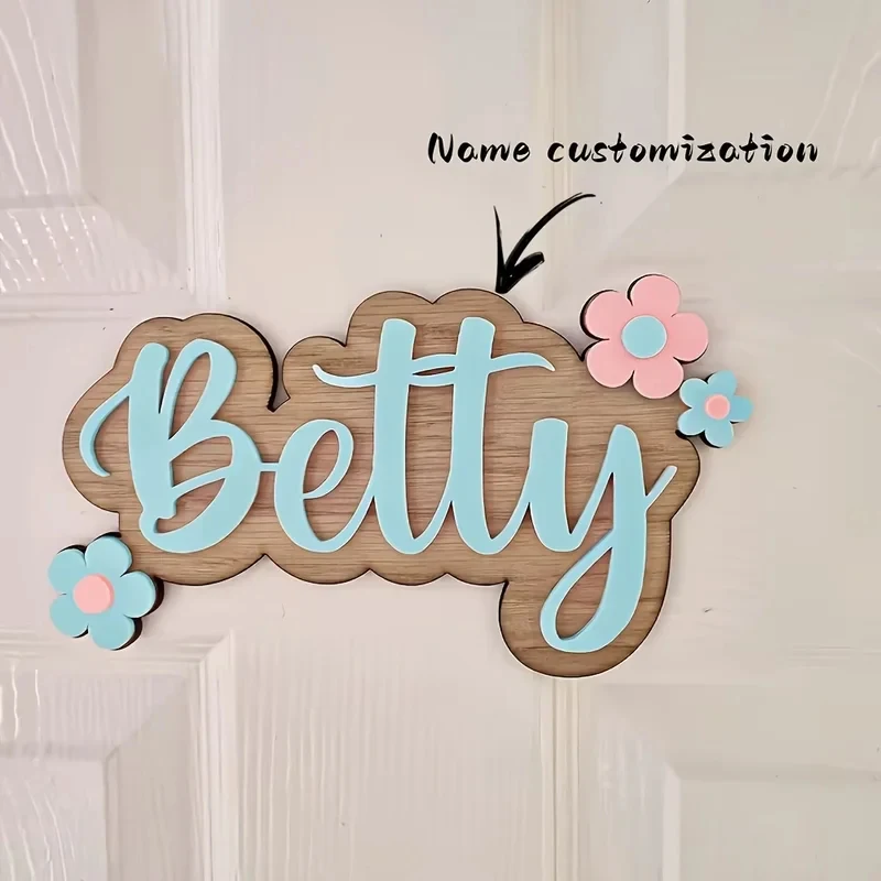 

Customizable wooden door logo - personalized name with floral decoration ", classic home decoration sign for entrance or room, p