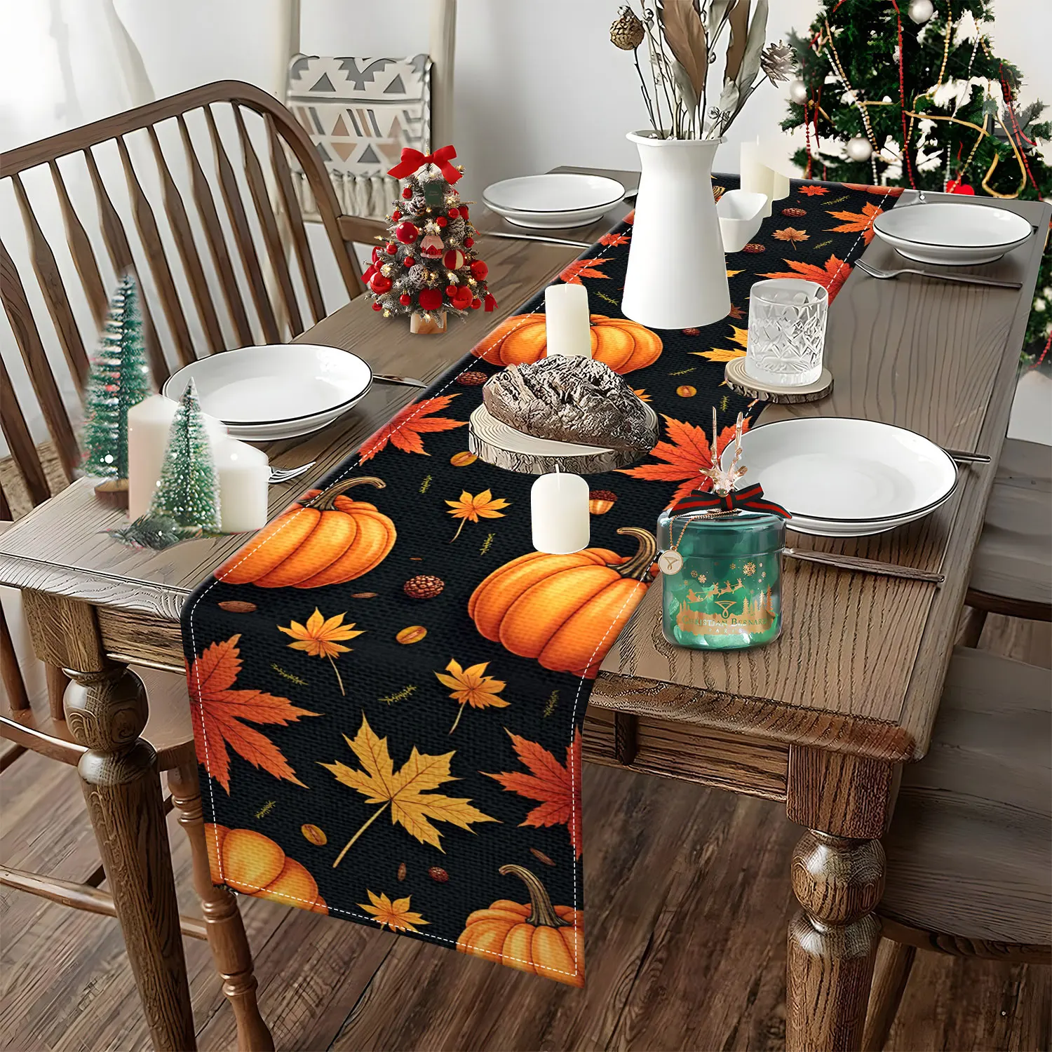قطعة واحدة من مفرش طاولة بطابع الخريف مزين بأوراق الخريف والجلوط، مناسبة لزينة الخريف وعيد الشكر #4