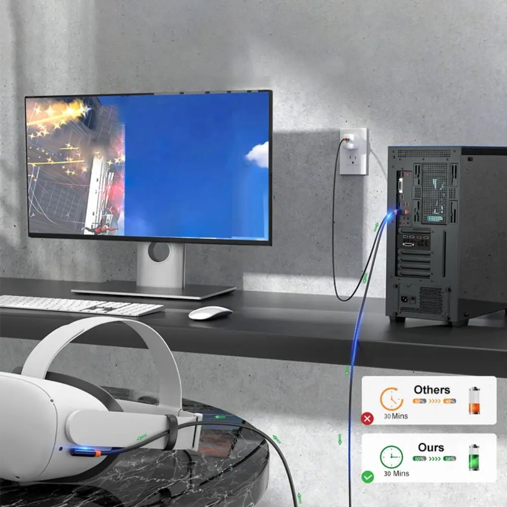 كابل USB3.2 Gen1 VR Link الشحن أثناء تشغيل كابل نقل البيانات عالي السرعة 5 متر ثابت لـ Meta Quest 3/3S/Pico 4 Ultra