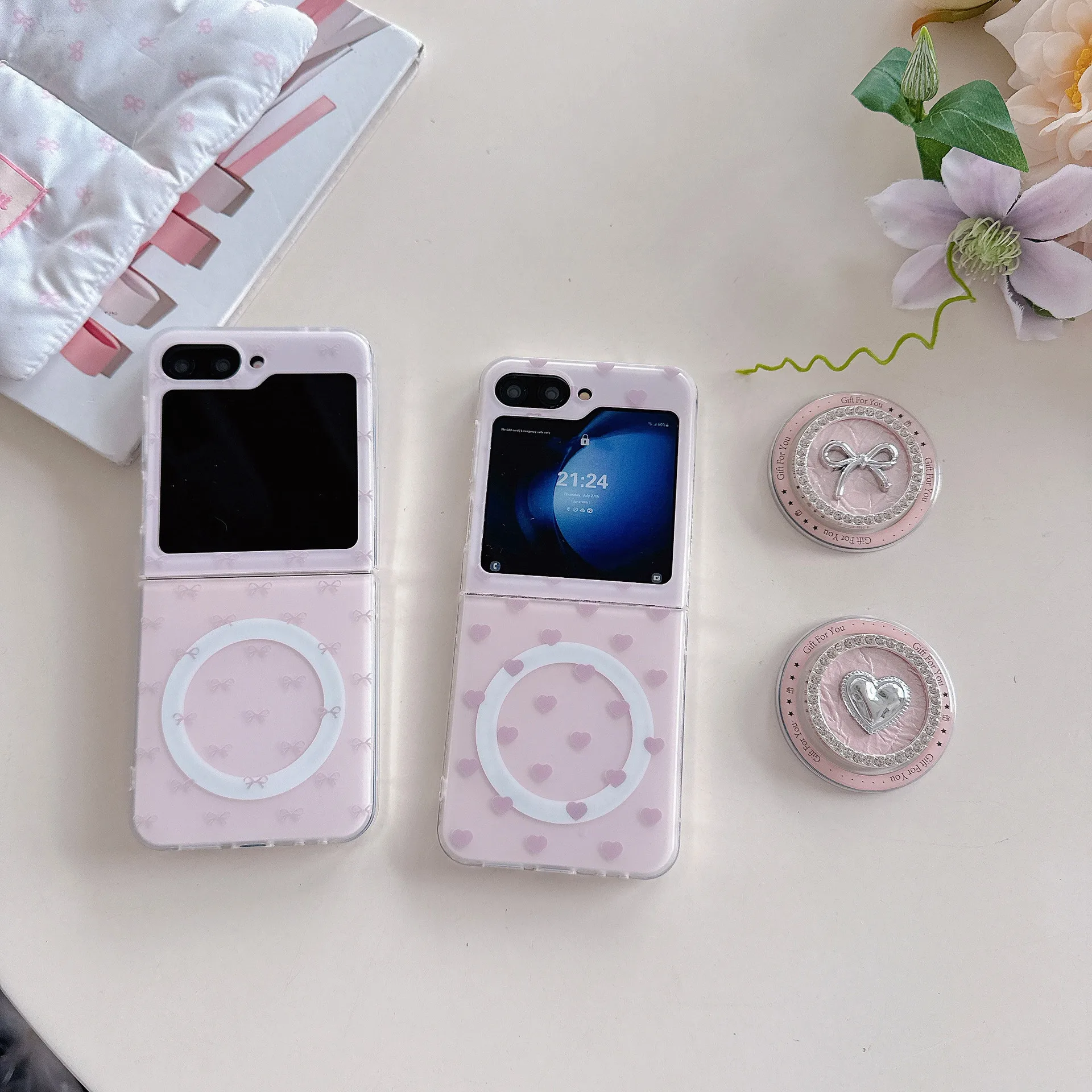 

Bowknot Heart Pink Phone Case For Samsung Galaxy Z Flip 7 6 5 4 Protective Back Cover For ZFlip5 ZFlip6 ZFlip7 Case Shell