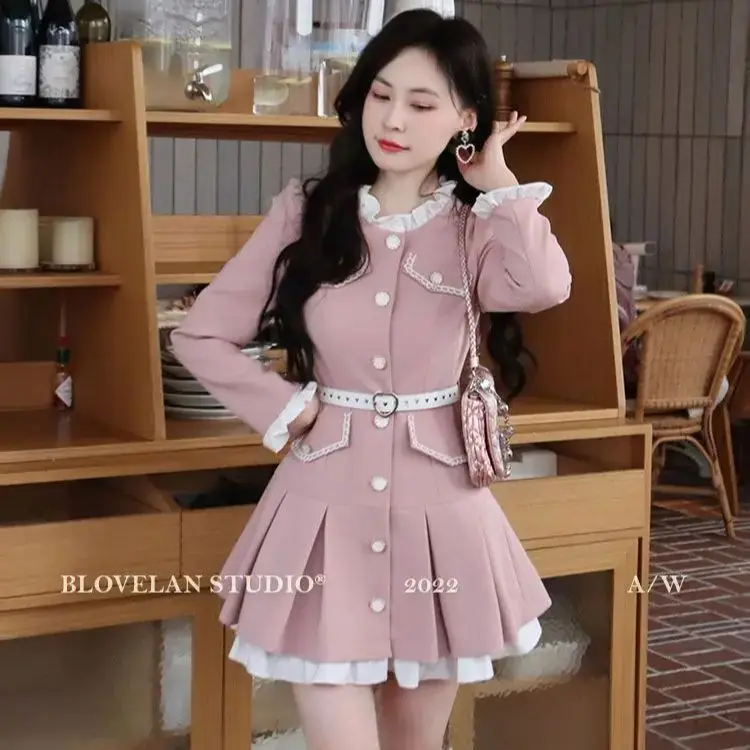 Xiaoxiangfeng Dress Belt 2024 New Y2k Mini Dress Woman Long Sleeve Elegant Short Party Casual One Piece Dress Korean Fashion