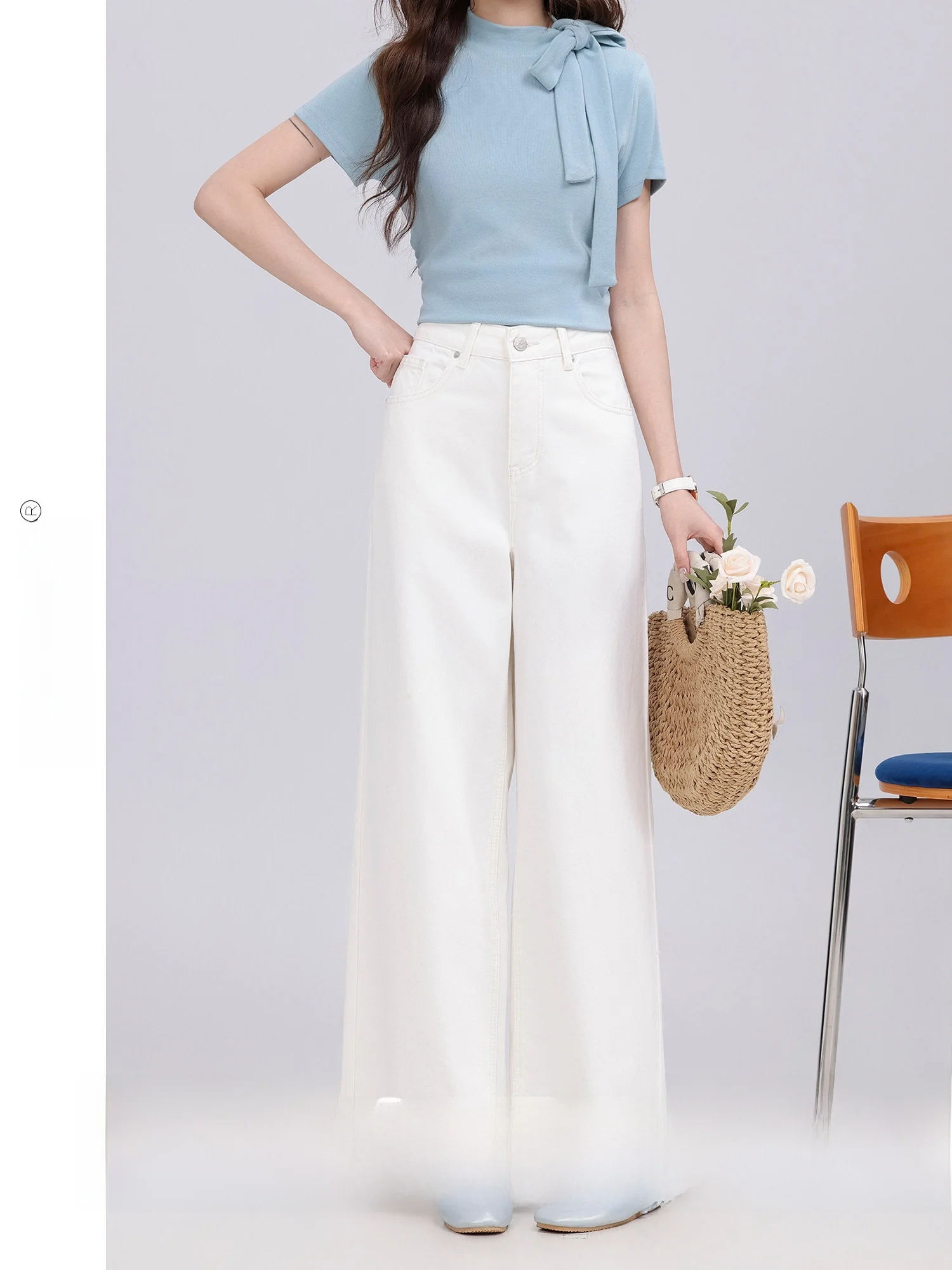 

White Wide Leg Denim Jeans Women's High Waist Floral Lace Hem Vintage Style Breathable Cotton Summer Casual Trousers