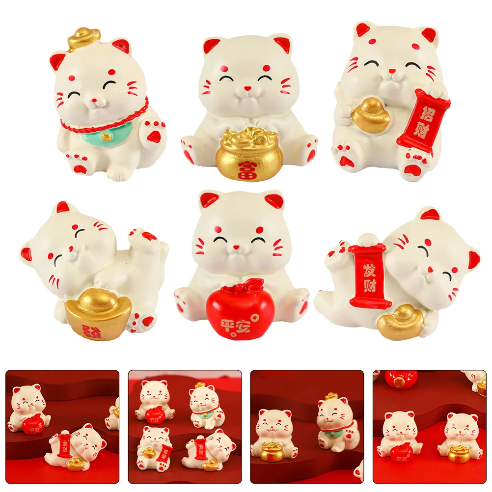 6 Pcs Miniature Lucky Cat Animal Figurine Cute Fortune Miniatures Resin Garden Tiny Statues