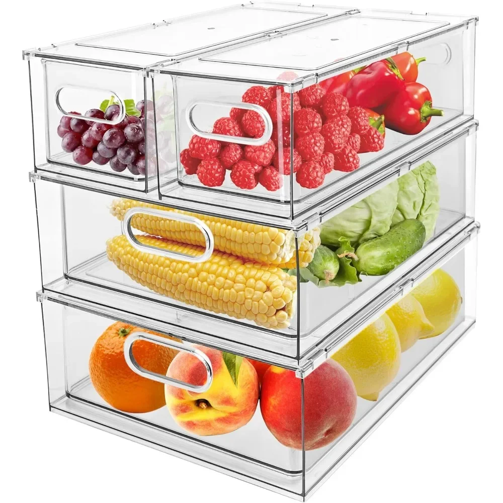 

4 Pack Refrigerator Organizer Bins with Pull-out Drawer Stackable Clear Fridge Drawer Organizer Fruit Vegetable Storage