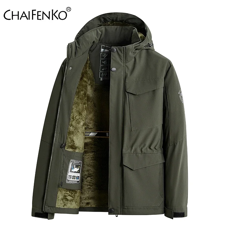 Men Fleece Thickening Windproof Parka New Fashion Multiple Pockets Casual Solid Coats Winter Comfort Versatile Hooded Tops Men