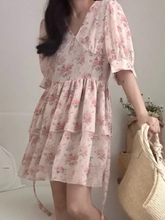 Estate 2025 Nuovo dolce stampa floreale Dr Donna V-ne Cravatta Vita Tea Break Dr Age-defng Retro Sle Casual Maxi Dr