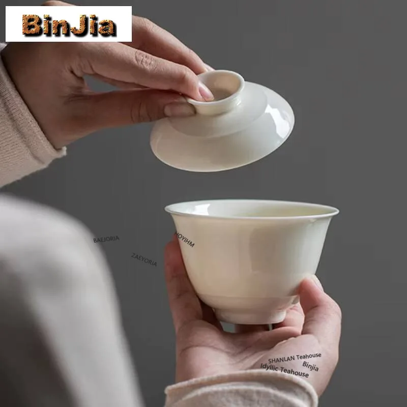 115ml Antique White Ceramic Gaiwan Zen Not Hot Tea Tureen Tea Bowl With Lid Kit Tea Brewing Cover Bowl Tea Ceremony Craft Gift