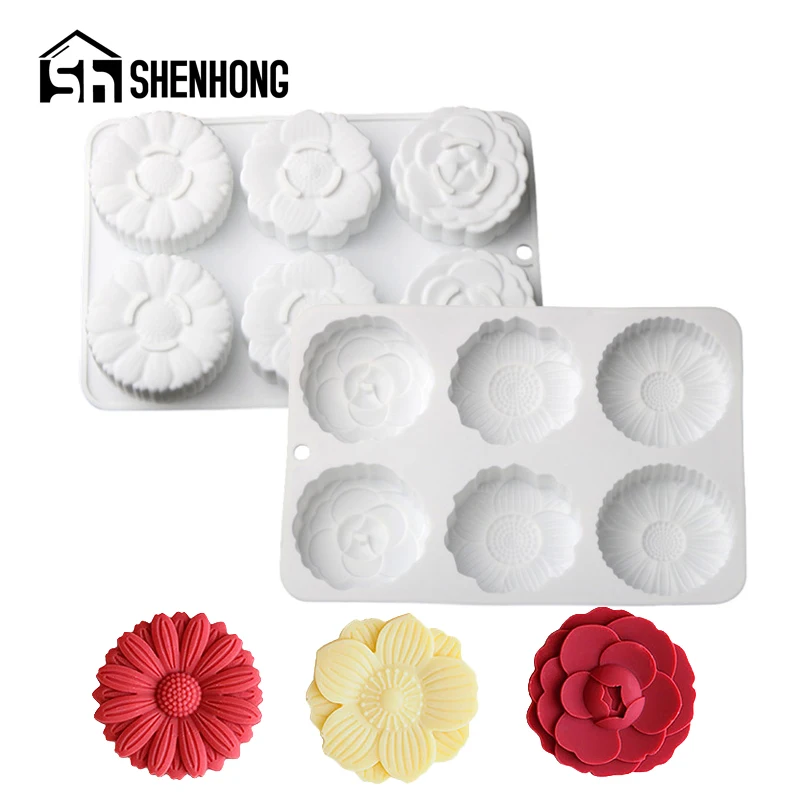 SHENHONG Mooncake Mould Cherry Blossom Chrysanthemum Snow Lotus Design Silicone Cake Mold Soap Mould Dessert Baking Tools