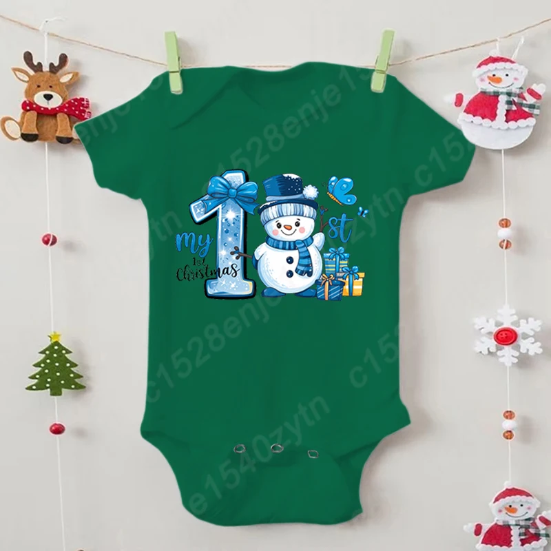 

Baby Girls And Boys Bodysuit, Adorable My 1st Christmas Snowman Graphic Romper, Trendy Soft Short Sleeves Summer Wear For Infant