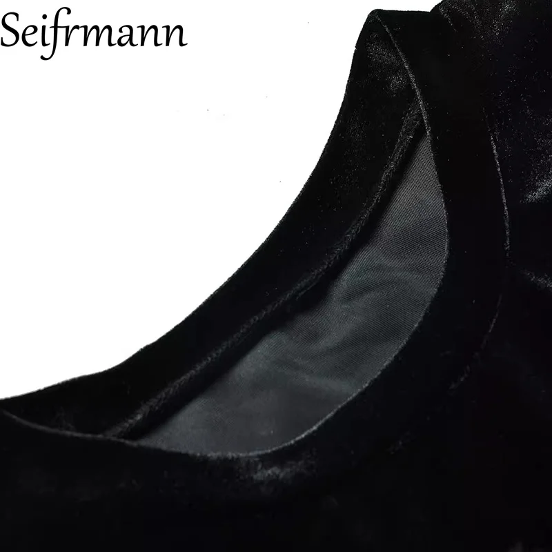 Seifrmann 2026 Spring Women's New Fashionable Round Neck Long Sleeve Chest Flower Velvet Splicing Lotus Leaf Edge Waist Dress