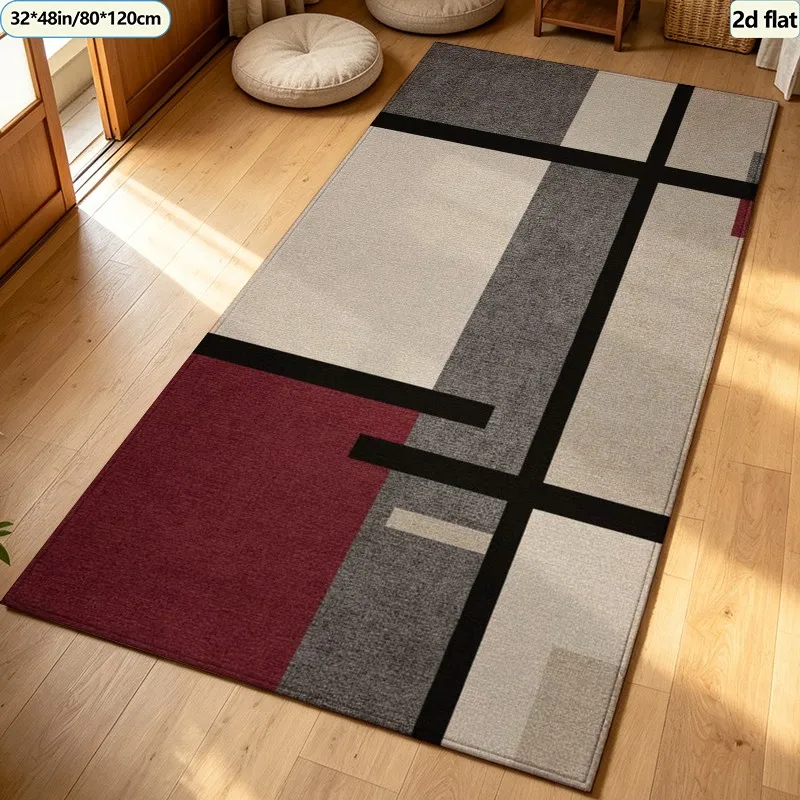 Modern Mondrian Geometric Carpet Flooring, Red Grey Beige Color Block Line Splicing Area Rug Anti‑Slip Floor Mat for Office Study Home Decoration