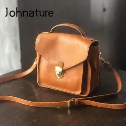 Johnature Simple Women Messenger Bag Genuine Leather 2024 New Leisure Natural Soft Cowhide Handbag Wszechstronne torby na ramię