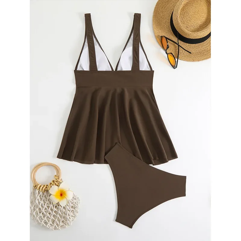 Bruine tweedelige zwemkleding vrouw zomer badmode vrouwelijke tankini sets strandkleding badpak ruche vrouwen zwempak tiener