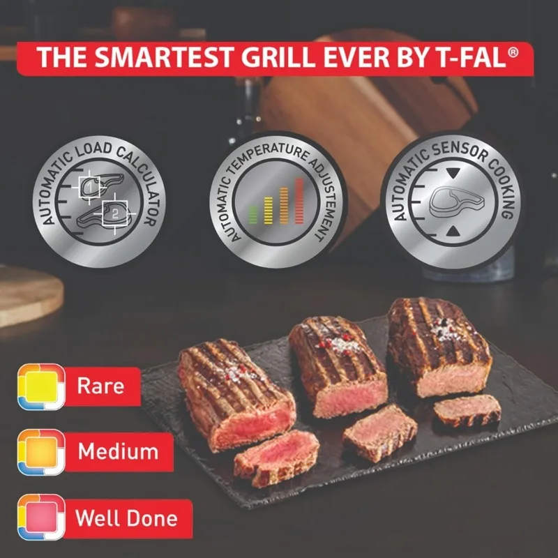 T-Fal,เตาย่างไฟฟ้า,OptiGrill สแตนเลส XL 6 เสิร์ฟ 9 โหมดการทําอาหารอัตโนมัติอัจฉริยะ 1800 วัตต์ Nonstick ถอดออกได้