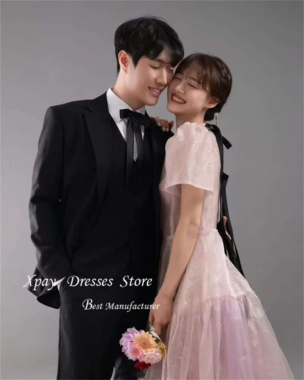 

XPAY Fairy Pink Shiny Evening Party Dresses Korean Birthday Formal Gowns Short Sleeves Wedding Reception Dress Customized