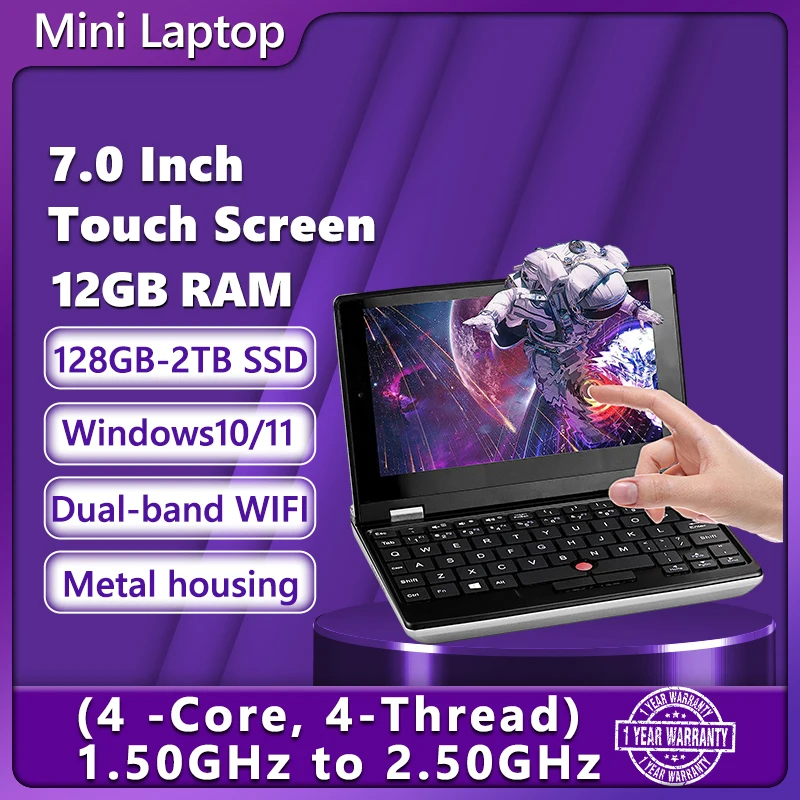 Mini Pocket Gaming Laptop 7 Zoll Touchscreen tragbares Netbook 12GB DDR4 2TB SSD Metall kleine Notebook Windows 2,0 2.0mp