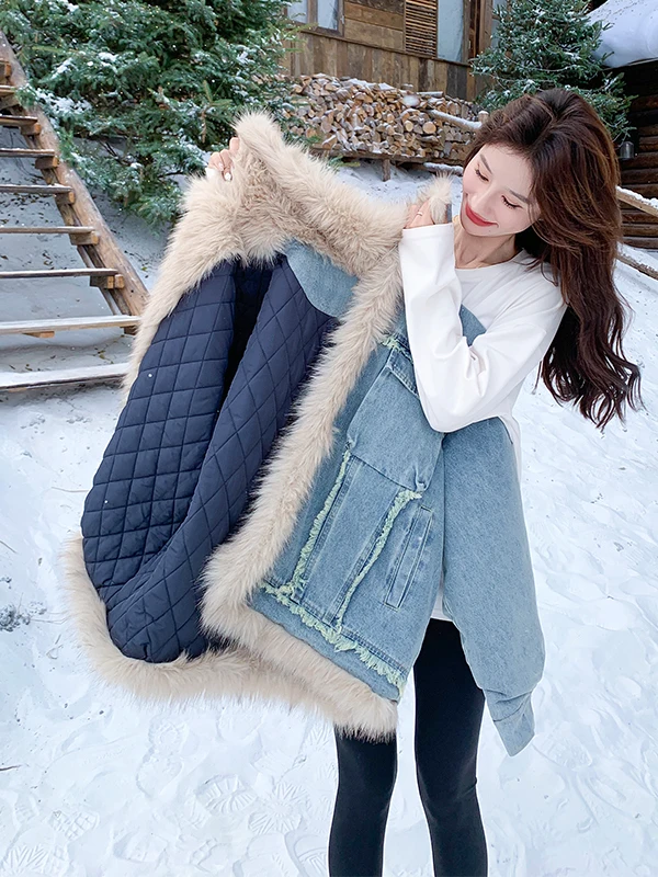 

Warm Plu Splicing Cotton Insert Denim Parka Women's ort Winter Faion Trend Slimming Outerwear Korean Sle Long Sve