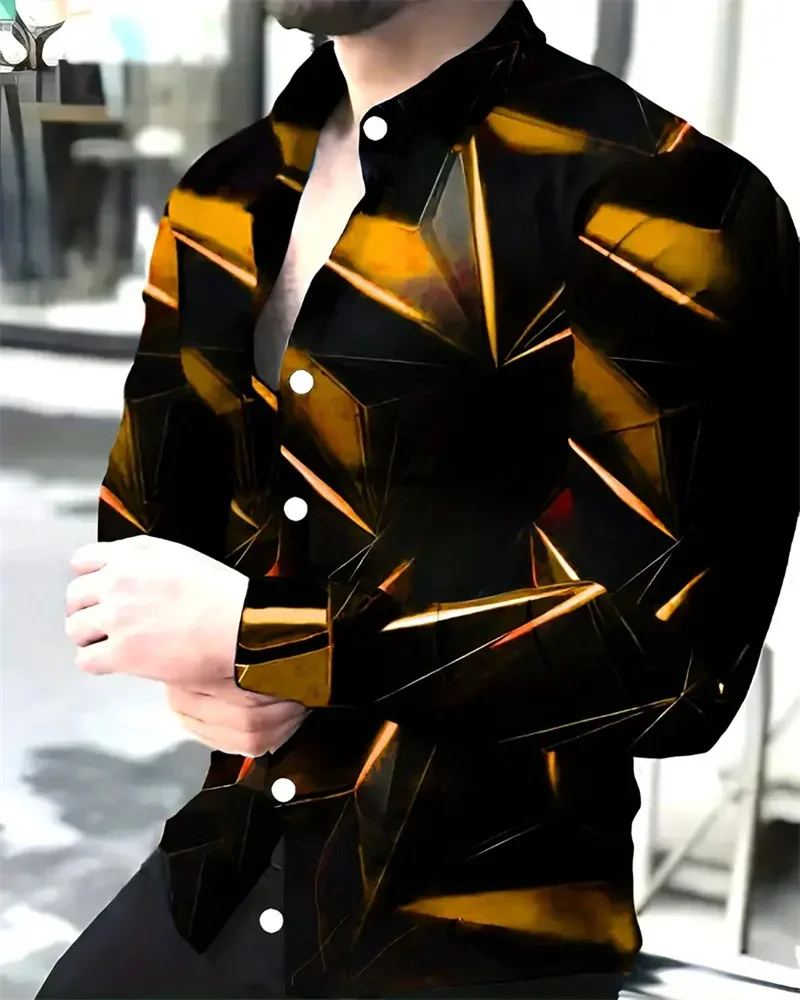 3D geometric printing men's casual button long sleeved shirt men's spring, summer, autumn top men's 6XL fashionable men's shirt