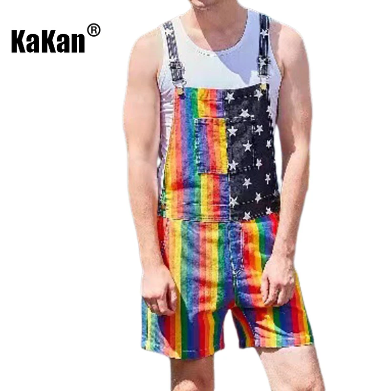 Kakan-Europe and The United States New American Independence Day Jeans for Men, Stars Rainbow Couple Suspenders Shorts 34-201