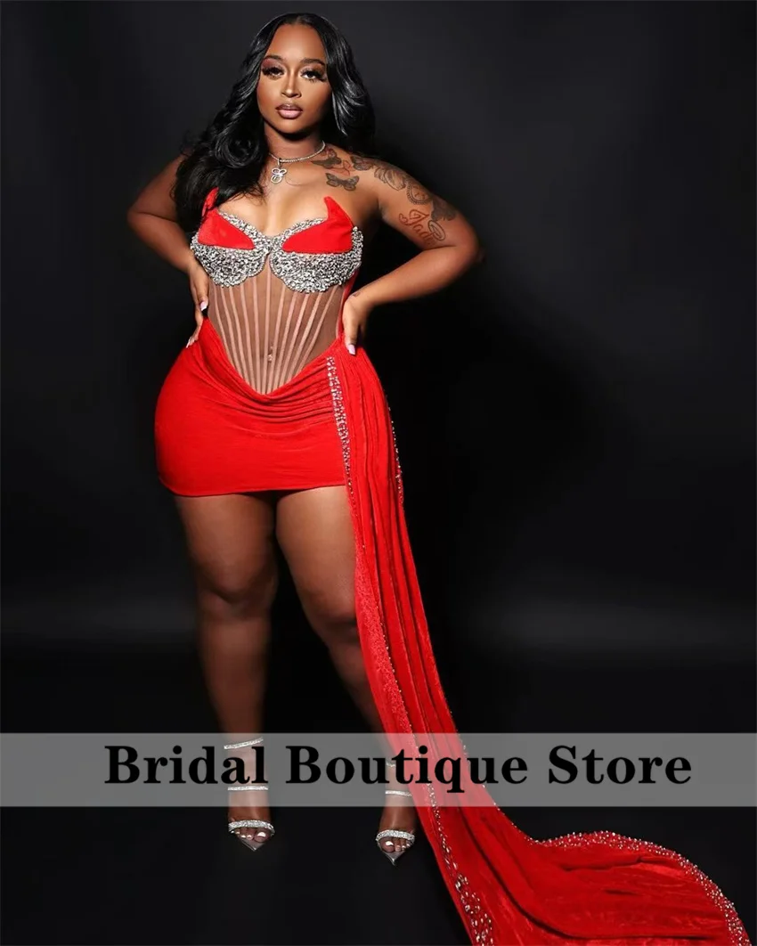 

Sexy Red Prom Dress Velvet Crystal Beads Birthday Party Cocktail Gown See-Thru Homecoming Robe De Bal Lace-Up Back Customized