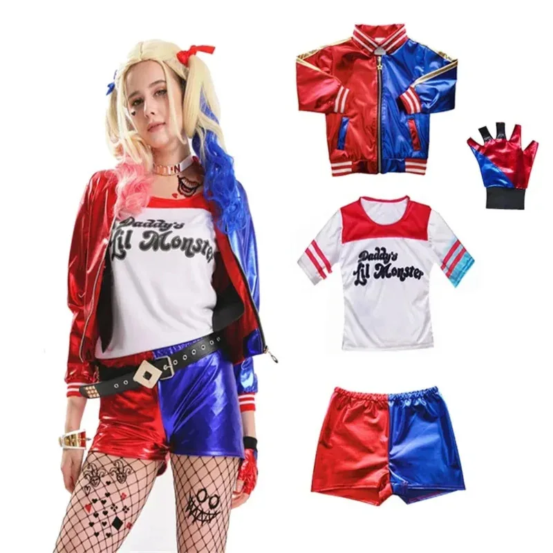 

Adult Kids Suicide Harley Carnival Cosplay Costumes Squad Quinn Clown Outfits Jacket Pants Sets Halloween Party Fancy Dress up