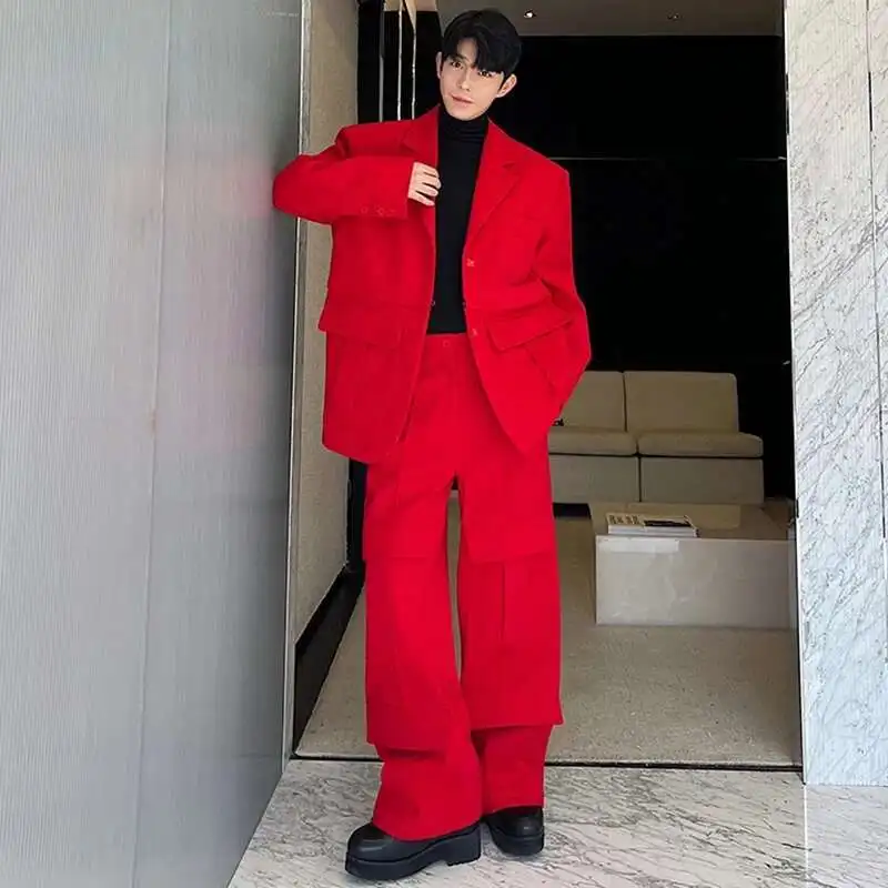 LUZHEN 2025 Spring Fashion New Loose Blazer Jacket Straight Casual Pants Men\'s Elegant Trendy Two-piece Sets Many Pockets Ad8405