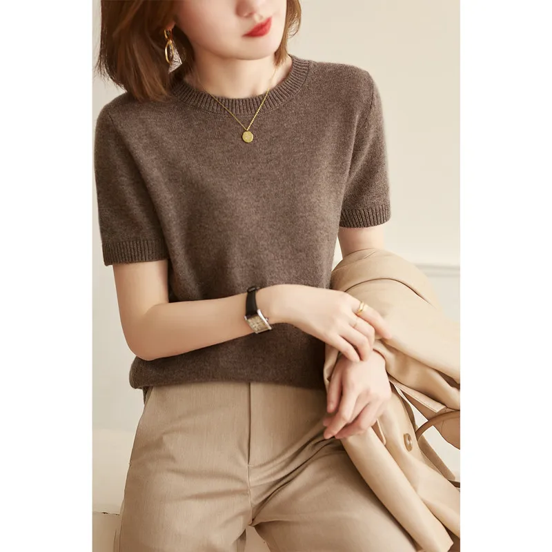 Spring, summer and autumn multi-color soft waxy cashmere wool short-sleeved sweater women round neck