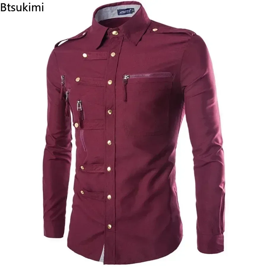 New 2026 Men's Long Sleeve Slim Shirts Metal Button-up Multi Zipper Design Lapel Shirt Coats Gothic Punk Style Shirt Blouse Male