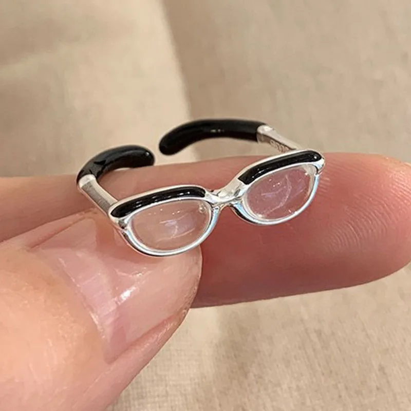 

925 Sterling Silver Rings for Women Couple Minimalist Sunglasses Shape Ring Fine CZ Jewelry Birthday Gift Prevent Allergy