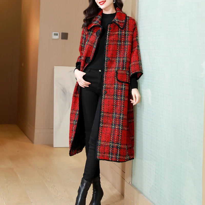 Autumn and winter retro plaid woolen coat women's 2023 new loose long over-knee temperament wool woolen coat