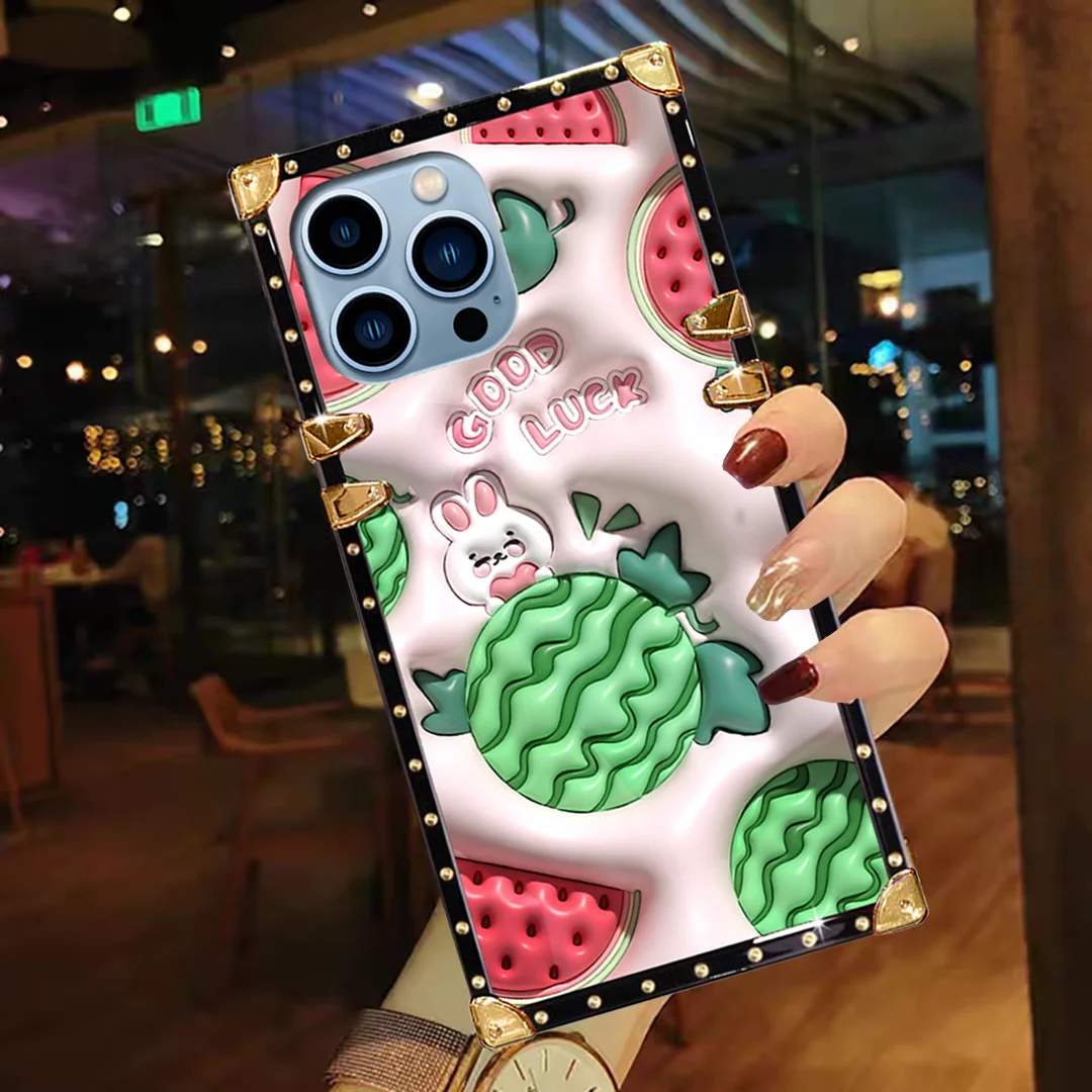 Cute Cartoon Rabbit Square Case For iphone 13 Pro 12 11 14 Pro Max XR X XS Max 7 8 Plus Green Watermelon Glossy Soft Back Cover