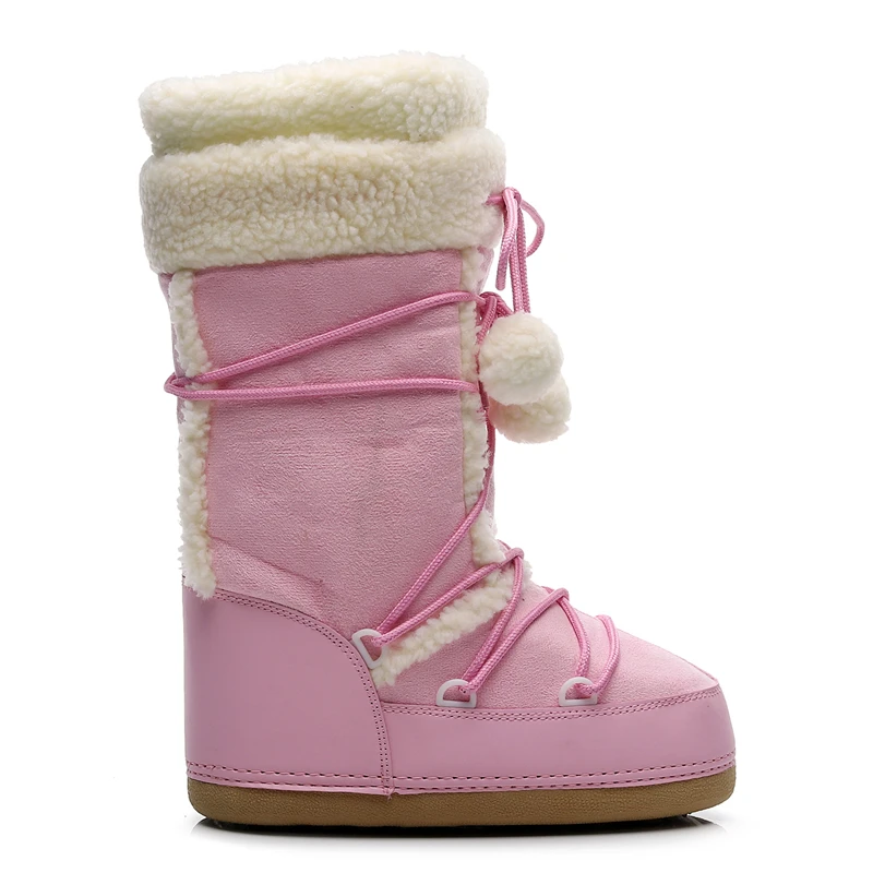 Pink Winter Boots Women Snow Boots Thick Sole Ski Boots Warm Mid-calf Space Boots Slip-resistant Cotton Shoes Free Ship