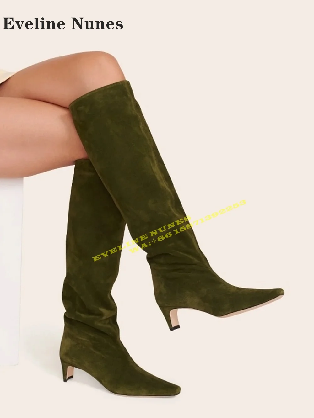 

2024 Suede Square Toe Retro Knee High Boots Blade Heel Solid Pull On Concise Street Style Women Modern Boots Autumn New Style