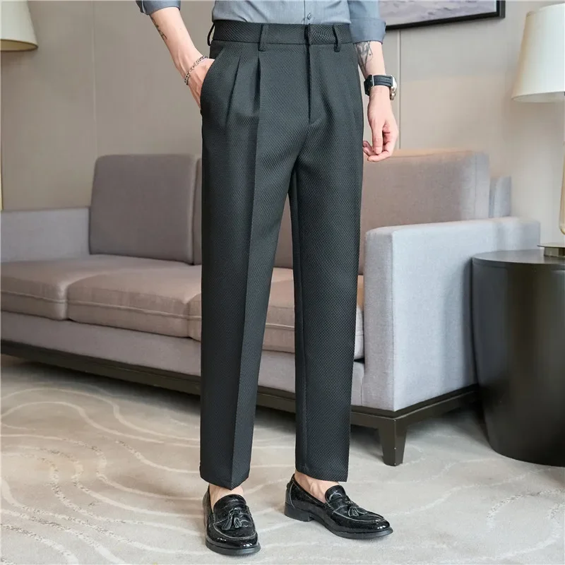 High Waisted Waffle Suit Pants 2024 Autumn British Style Casual Solid Trousers Elastic Slim Fit Formal Dress Pants Men Clothing