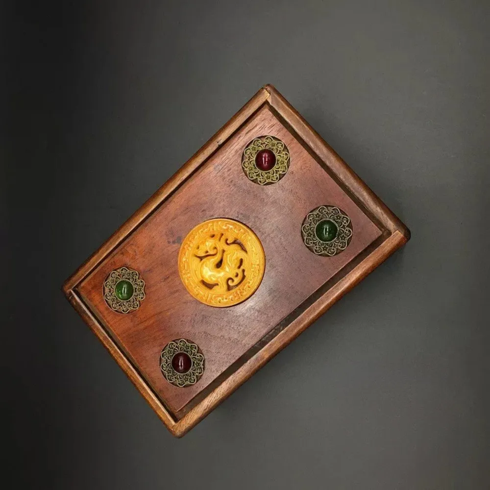 Antique Wooden Inlaid Jade Pendant Box with Mechanism Jewelry Storage Organizer Small Treasure Box Home Gift