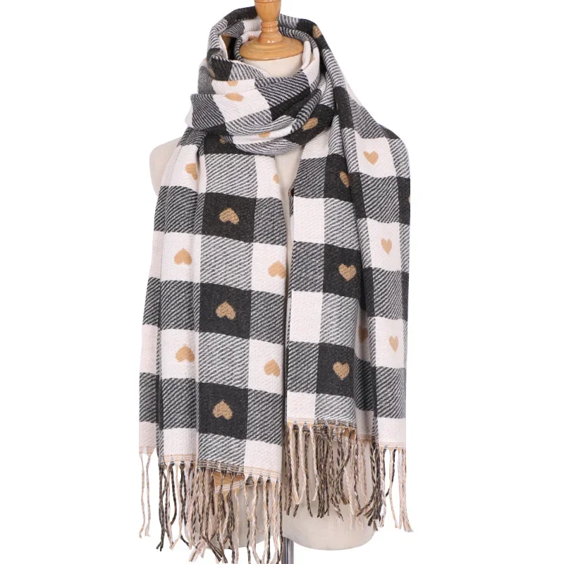 Thickening Double Layer Scarf Winter Wearing Heart-shaped Plaid Scarf for Women Acrylic Tassels Long Shawl and Neck Scarf