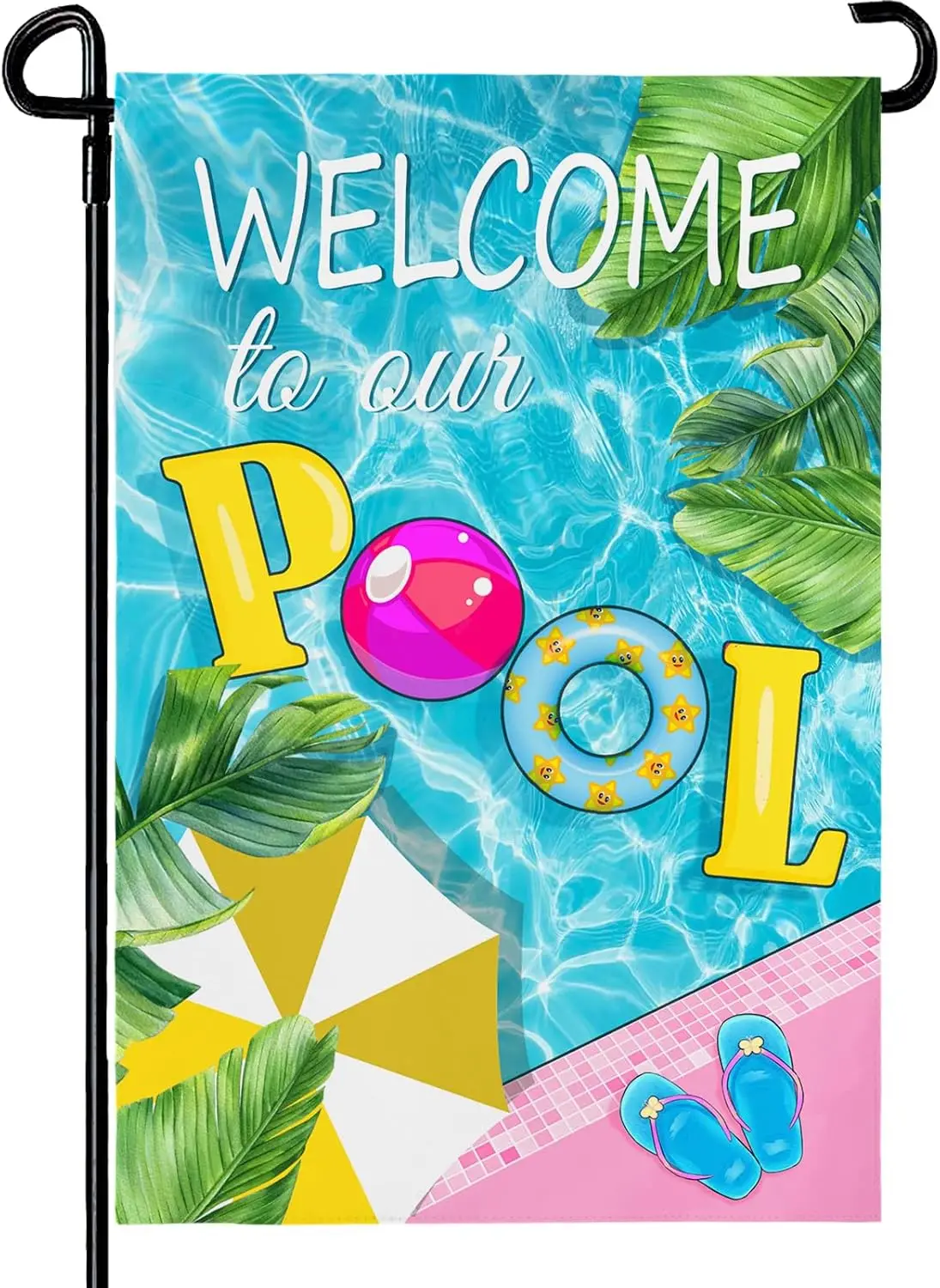 Welcome to Our Pool Garden Flag Vertical Double Sided Summer Swimming Pool Yard Flag Palm Leaf Parasol Garden Flags 12x18 Inch H