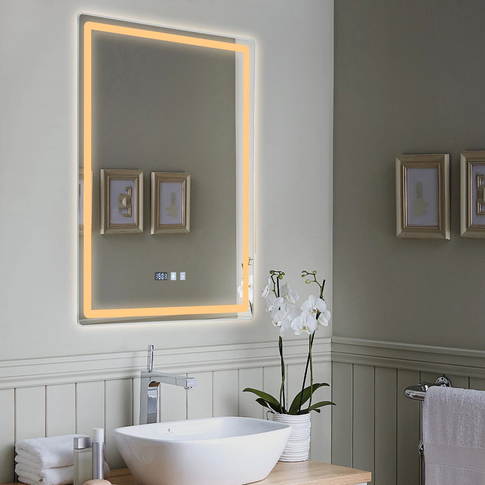 HOMirror 4.2 par LED avec anti-buée, miroir de courtoisie mural avec bouton tactile intelligent, heure, 3 couleurs à intensité variable, 50x70 cm